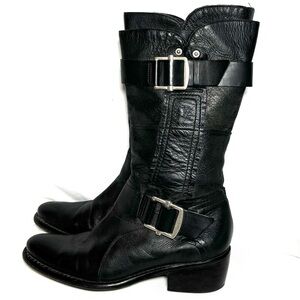 Vera Wang Lavender Pebbles Black Leather Moto Boots size 7